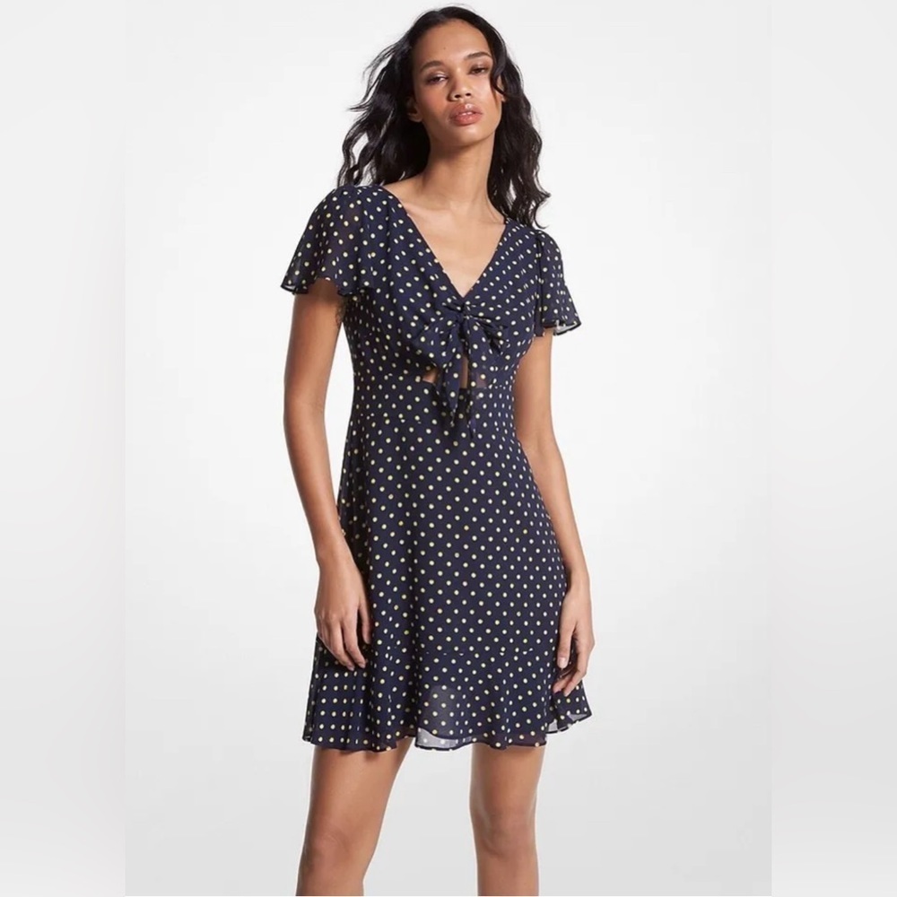 MICHAEL Michael Kors V-Neck Short Flutter Sleeve Tiered Ruffled Hem Fit Flare